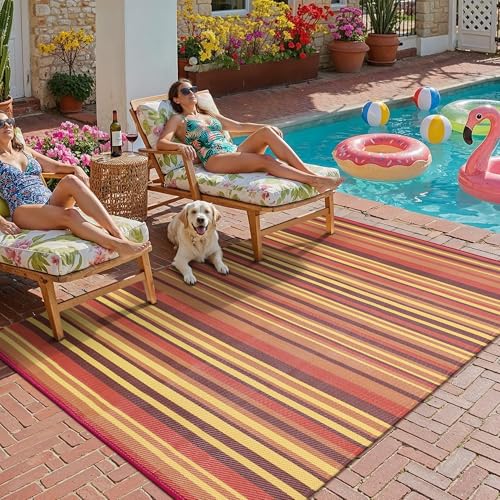 WondRg Outdoor Plastic Straw Rug 5x8 Red Orange Stripe