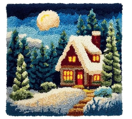 FWRTYCB Latch Hook Kits for Adults Snow Scene Cabin Latch Hook Pillow Cush