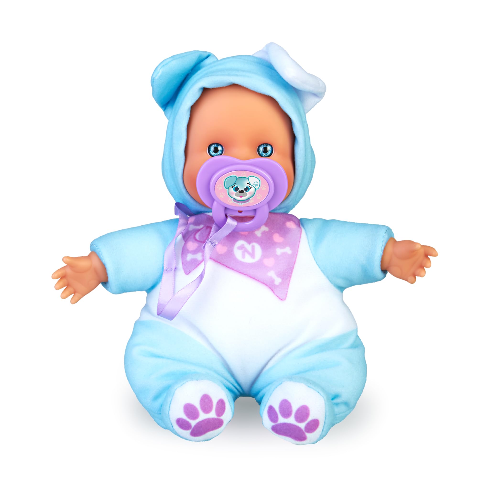 Nenuco Doggies - Muñeco bebé Blandito de 15 cm Disfrazado de Perrito, con un Vestido de Color Azulito, Unas Orejitas y Chupete Personalizado. Famosa, (NFN82200)