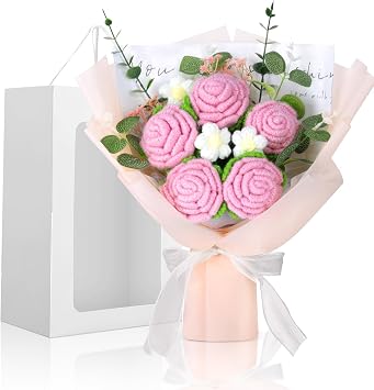 Foyucool Crochet Flowers Bouquet, Handmade Knitted Rose Bouquet