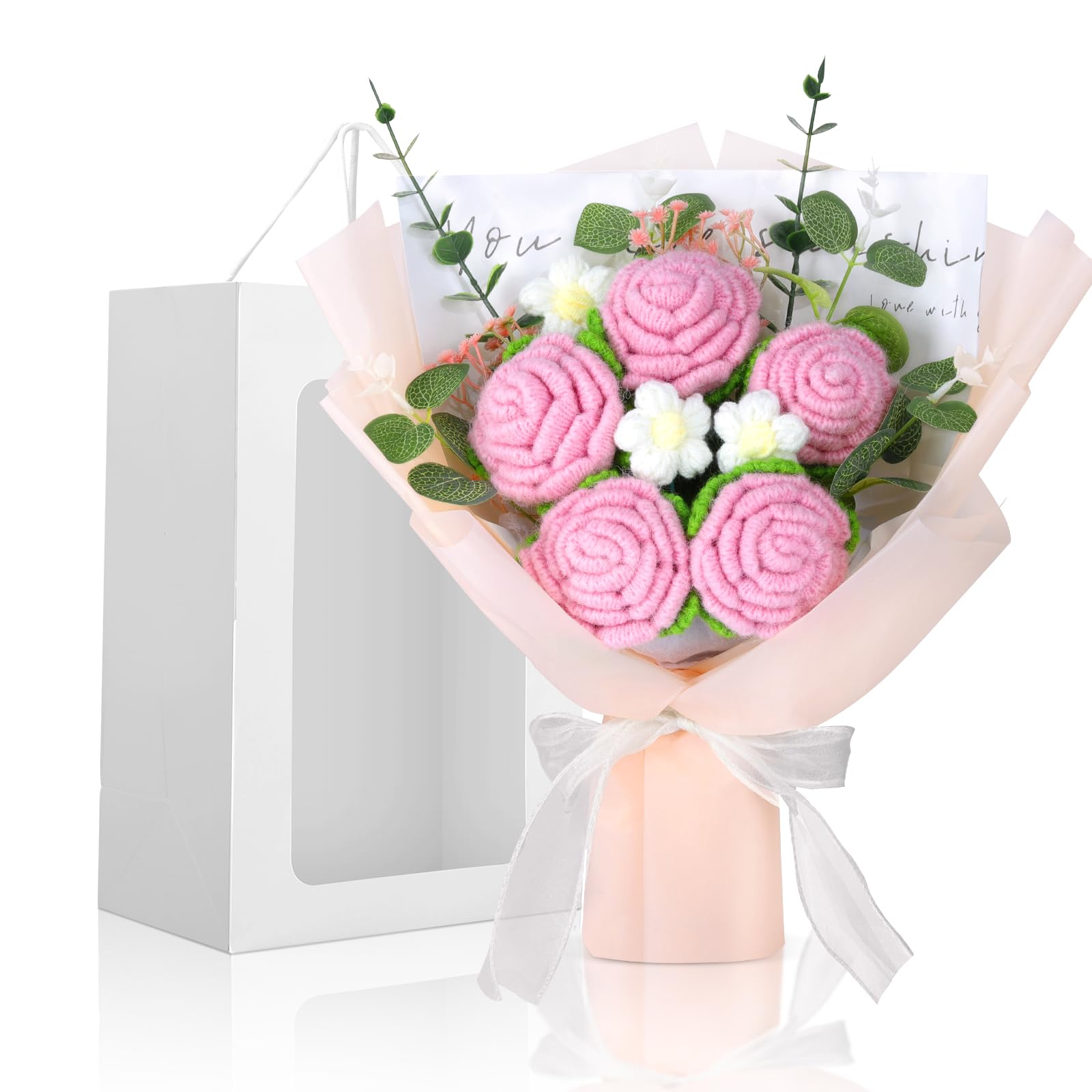 Foyucool Crochet Flowers Bouquet, Handmade Knitted Rose Bouquet with Gift Bag for Home Deocor, Crocheted Finished Flower for Wedding, Mother's Day, Teachers' Day and Valentine's Day, Pink White