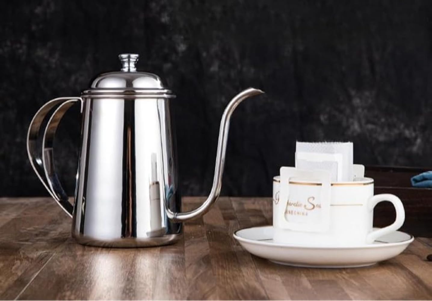 おしゃれステンレスティクシーコーヒーポット 細口ドリップポット兼用お茶ポット 蓋付きステンレス製 家庭用カフェ風 コーヒー/紅茶抽出