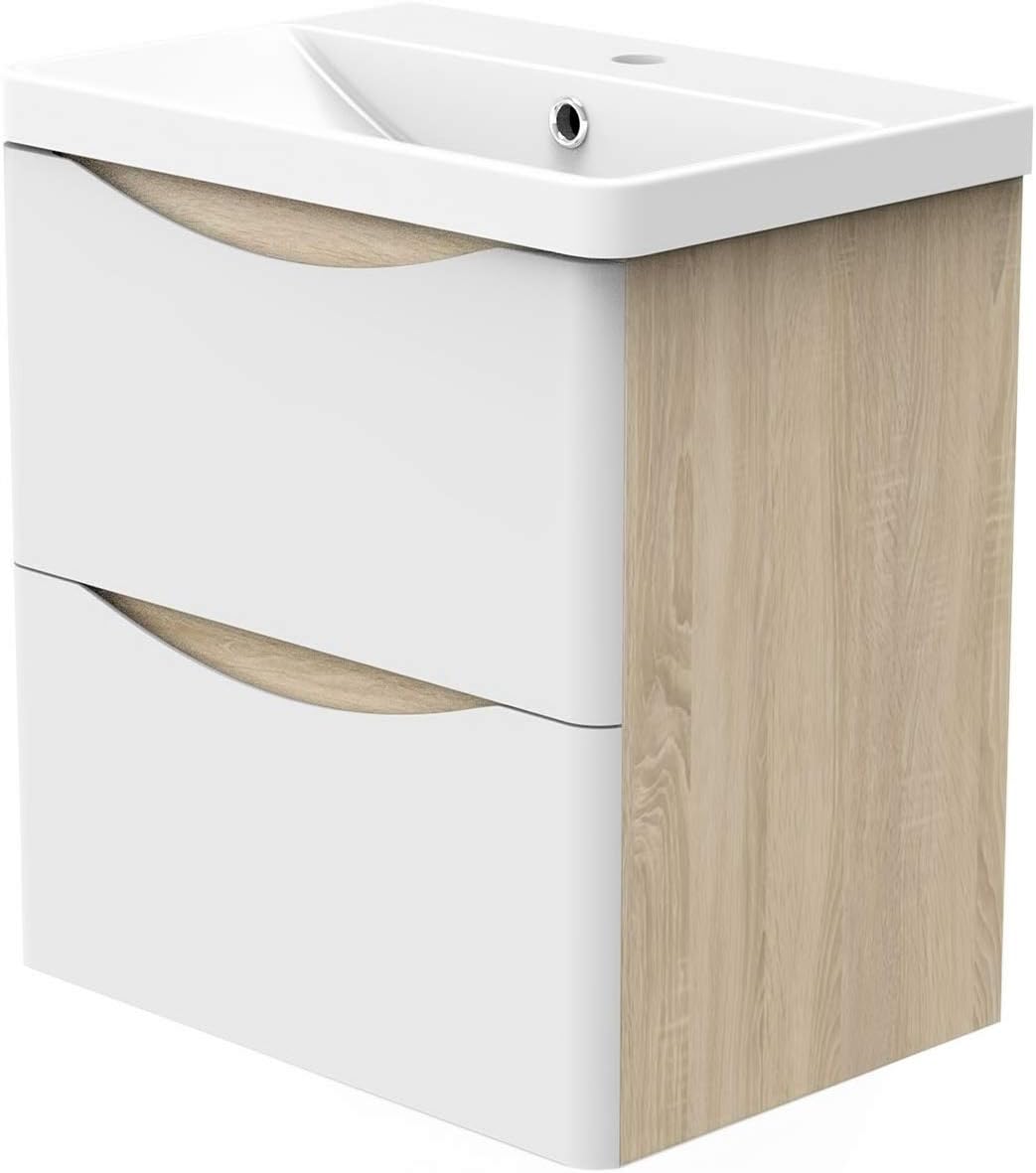 Skybathroom 500mm Bathroom Sink Unit with Basin Cabinet with Matt White + Oak 2 Soft Close Drawers Wall Mounted Bathroom Suite with Vanity Unit