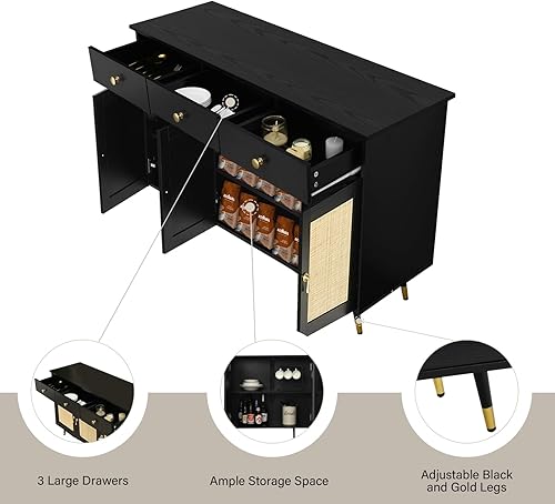 Miniatura 9 de 4ever2buy Gabinete de buffet negro con almacenamiento, armario de ratán con 3 cajones y 3 puertas de ratán, gabinete de buffet de ratán con patas