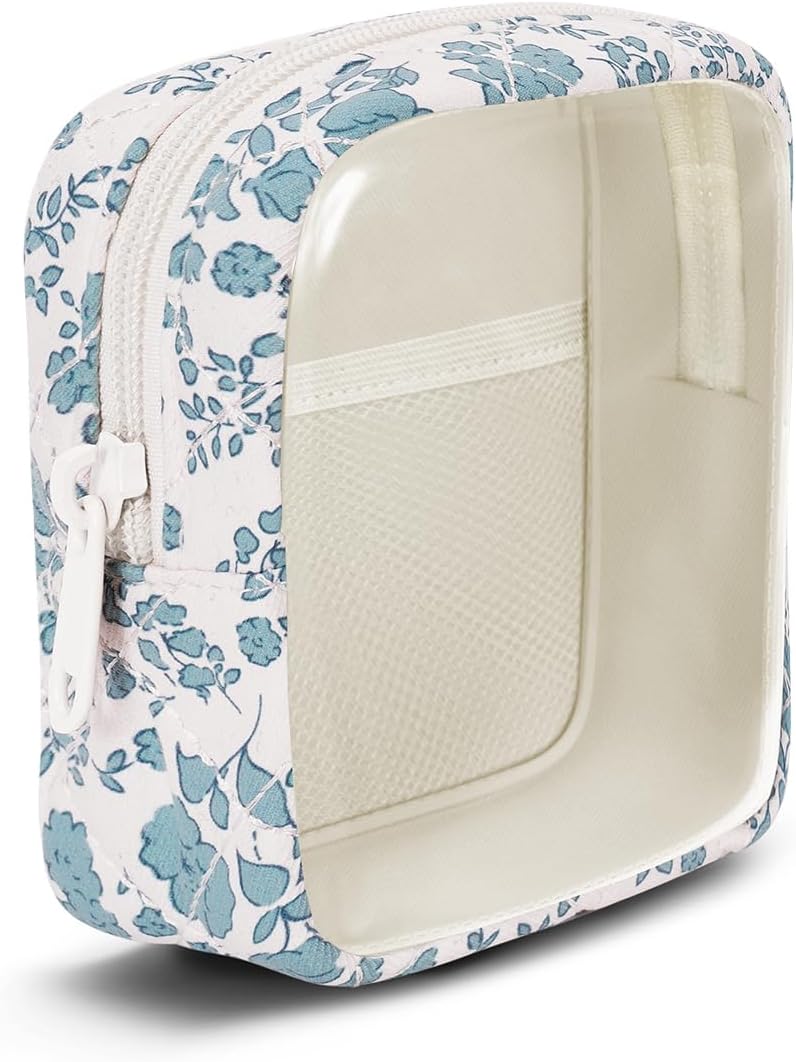 Wandering Nature Clear Makeup Bag for Purse Mini Make up Cute Cosmetic Bag Pouch for Women with Slip-in Pockets Travel Toiletry Essentials Eco Vegan Leather Organizer Bags(Patent Pending), Blue Flower