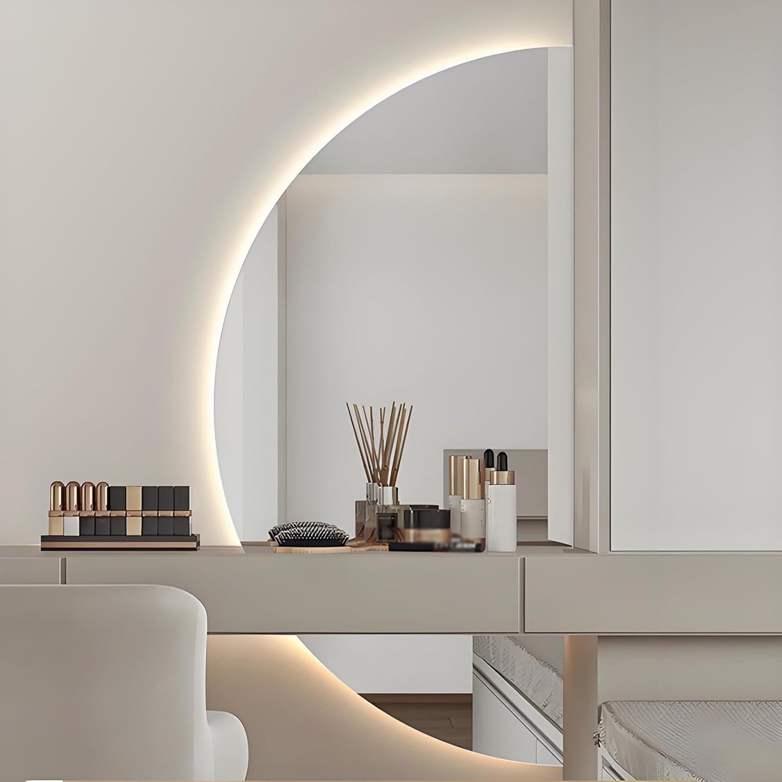 WQZzjm 3Color Smart LED Bathroom Mirror Half Moon Backlit Frameless Design, Modern Dimmable AntiFog Decorative Wall for Living Room Home Hallway(Left Cut,120x60cm) (Right Cut 80x40cm)
