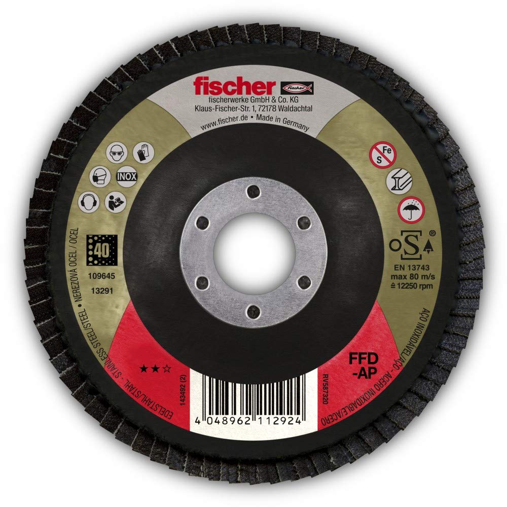 Fischer FFD-AP 115 K40 INOX Disco Abrasivo Lamellare allo Zirconio ad Alte Prestazioni per Rettifica di Acciaio e Acciaio Inossidabile, Flap-disc, per Smerigliatrice Angolare, 1 pz