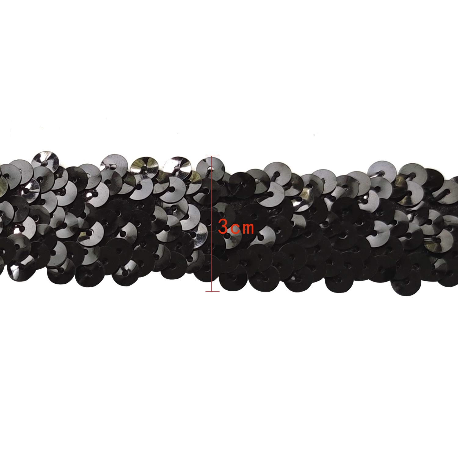 Gnognauq 10 Yards 1 inch Elastic Sequin Glitter Trim Spool String Metallic 3-Row Fabric Paillette Ribbon Trim for Wedding Dress Embellish Headband (Black)