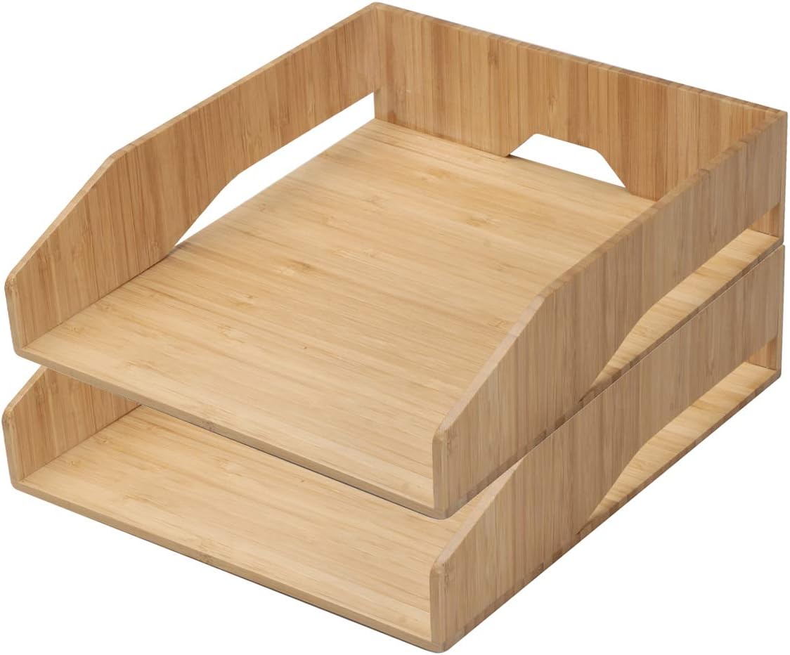 MobileVision 2 Pack Stackable Bamboo Paper Tray Office Organizer for Files, Documents, Letter Sorter, Envelopes and Magazine Holder