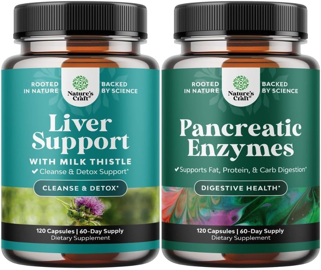 Bundle of Liver Cleanse Detox & Repair with Milk Thistle Dandelion Root Choline Beetroot & Artichoke Extract and Pancreatin Digestive Enzymes for Digestive Health - Protease Amylase & Lipase Digestion