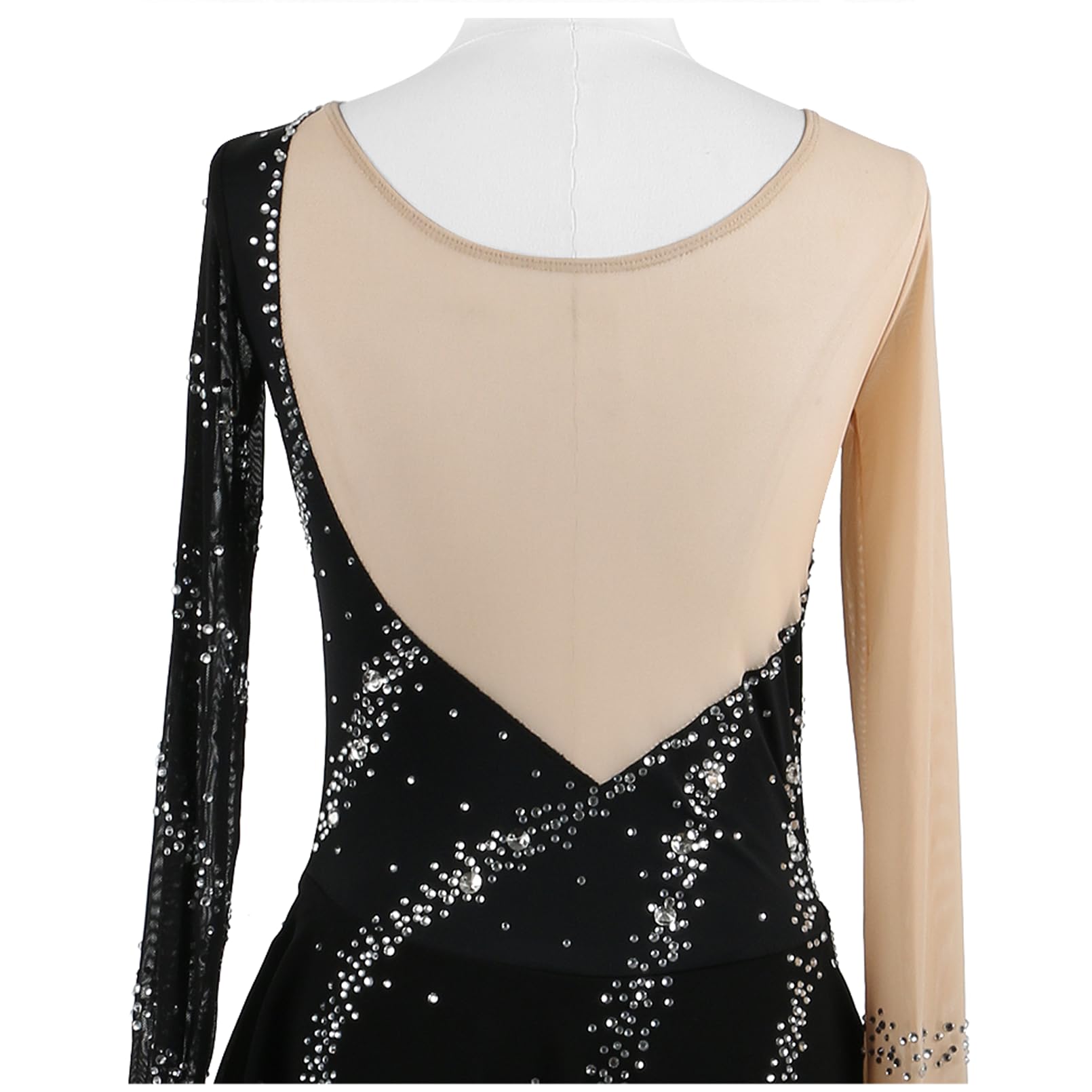 Enfant Fille Robe Patinage Artistique Femme Manches Longues à Strass et Ourlet Oblique Bleu Collant Patinage Artistique Danse Compétition Specatcle Tenue