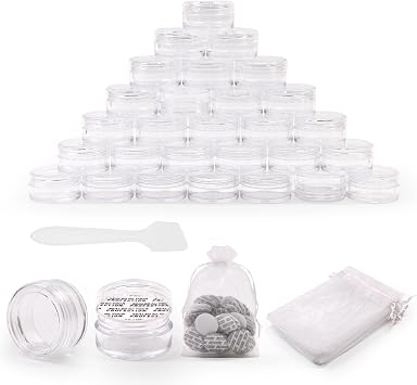 SumDirect 100Pcs 5Gram Clear Empty Cosmetic Containers Jars Sample Pots Bottles, Travel Pots for Cream, Lotion, Lip Balm with Mini Spatula and 10Pcs White Sheer Organza Bags