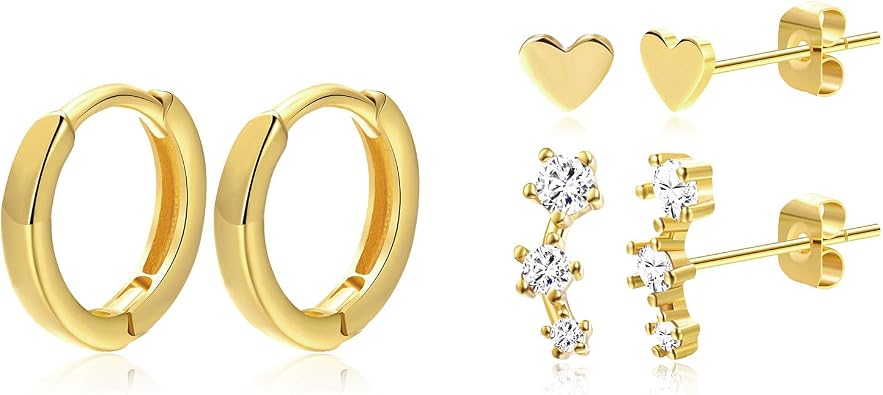 Small Gold Hoop Earrings for Women Dainty Gold Earrings| 14K Gold Plated Hypoallergenic Stud earrings Set| Stacks Earrings for Multiple Piercing for Womenlb20