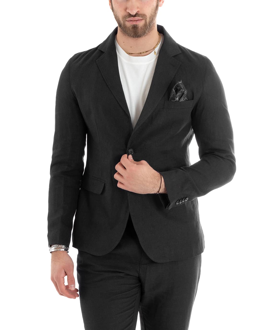 Outfit Uomo Abito Completo Lino Giacca Monopetto Pantalone Classico Tinta Unita Taschino a Pochette