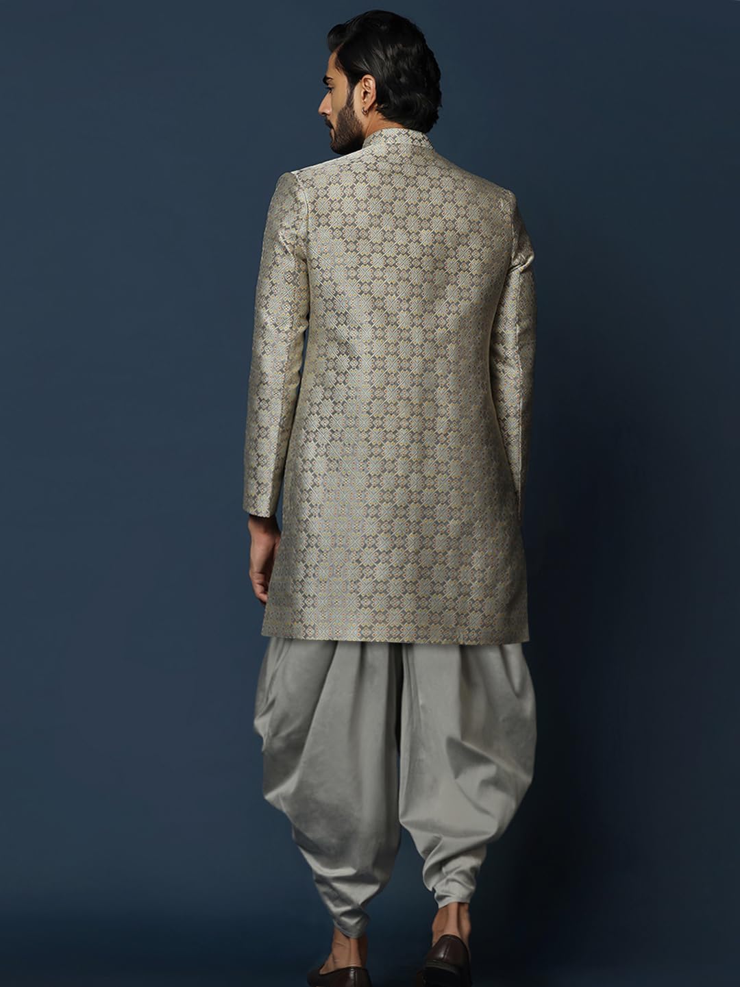 KISAH Mens Sherwani Dhoti Set Silk Blend Jacquard, Indo-Western Ethnic Wear for Men, Grey, 44 - Image 5 thumbnail