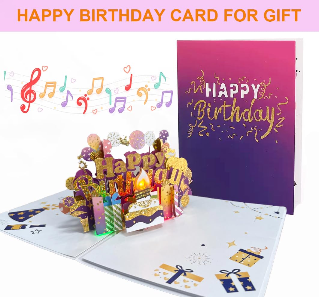 Tarjetas de feliz cumpleaños 3D desplegables con purpurina para tarta de cumpleaños, vela soplable con luz LED, tarjetas de felicitación musicales, decoraciones de cumpleaños, regalos para