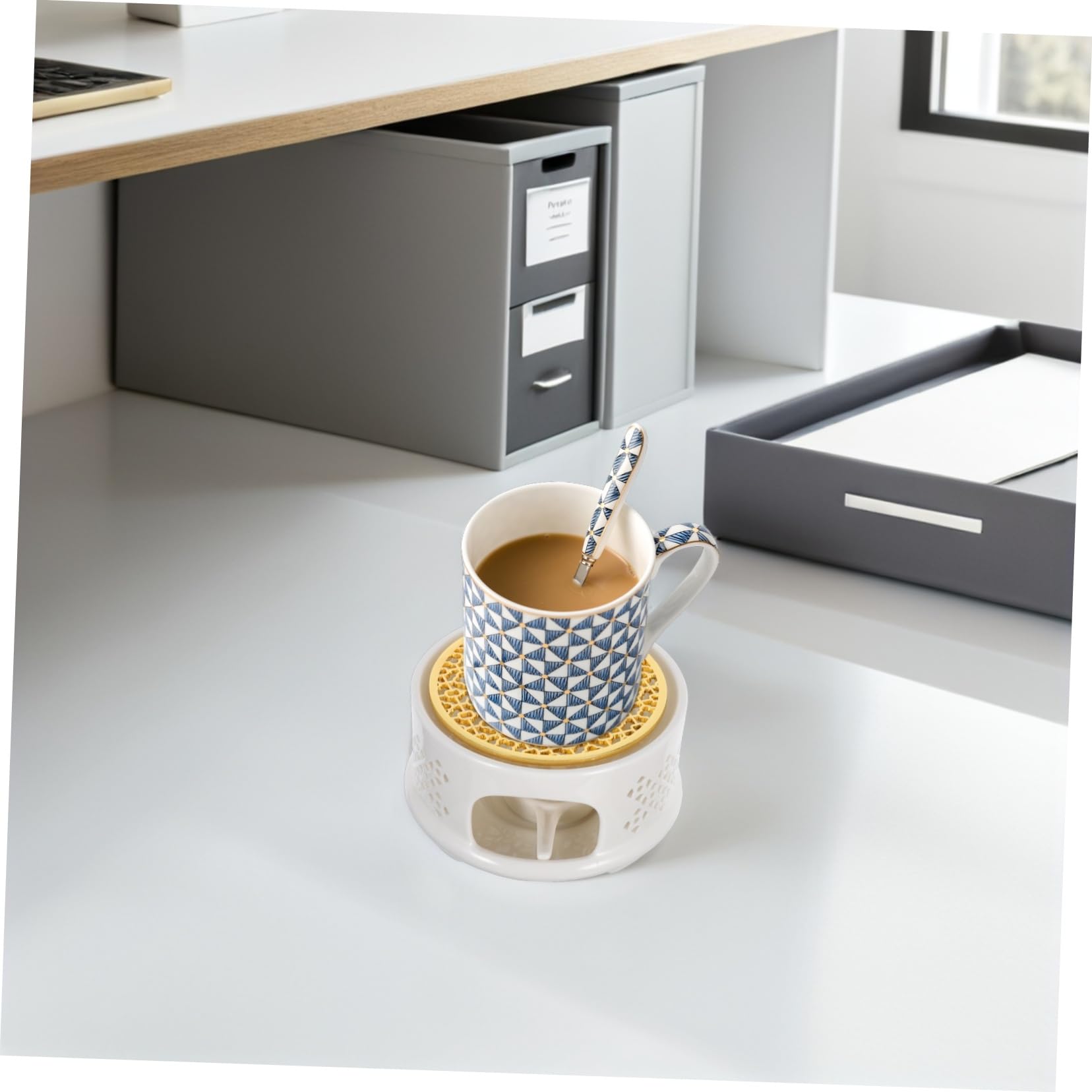 ABOOFAN Keramik Teekannenwärmer mit Löffel Deckel und Kerzenhalter Stabiles Stövchen mit Edelstahlsieb Geeignet für Glas Teekannen zum Erwärmen von Tee Kaffee und Milch Tisch