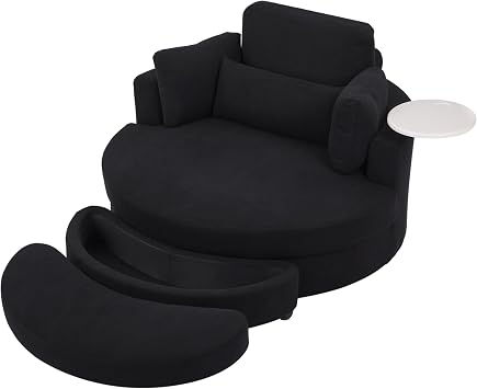 DEINPPA Swivel Accent Chair with Armrest Tray, Round Barrel Chairs with Ottoman for Living Room Bedroom-Corduroy Fabric-Black