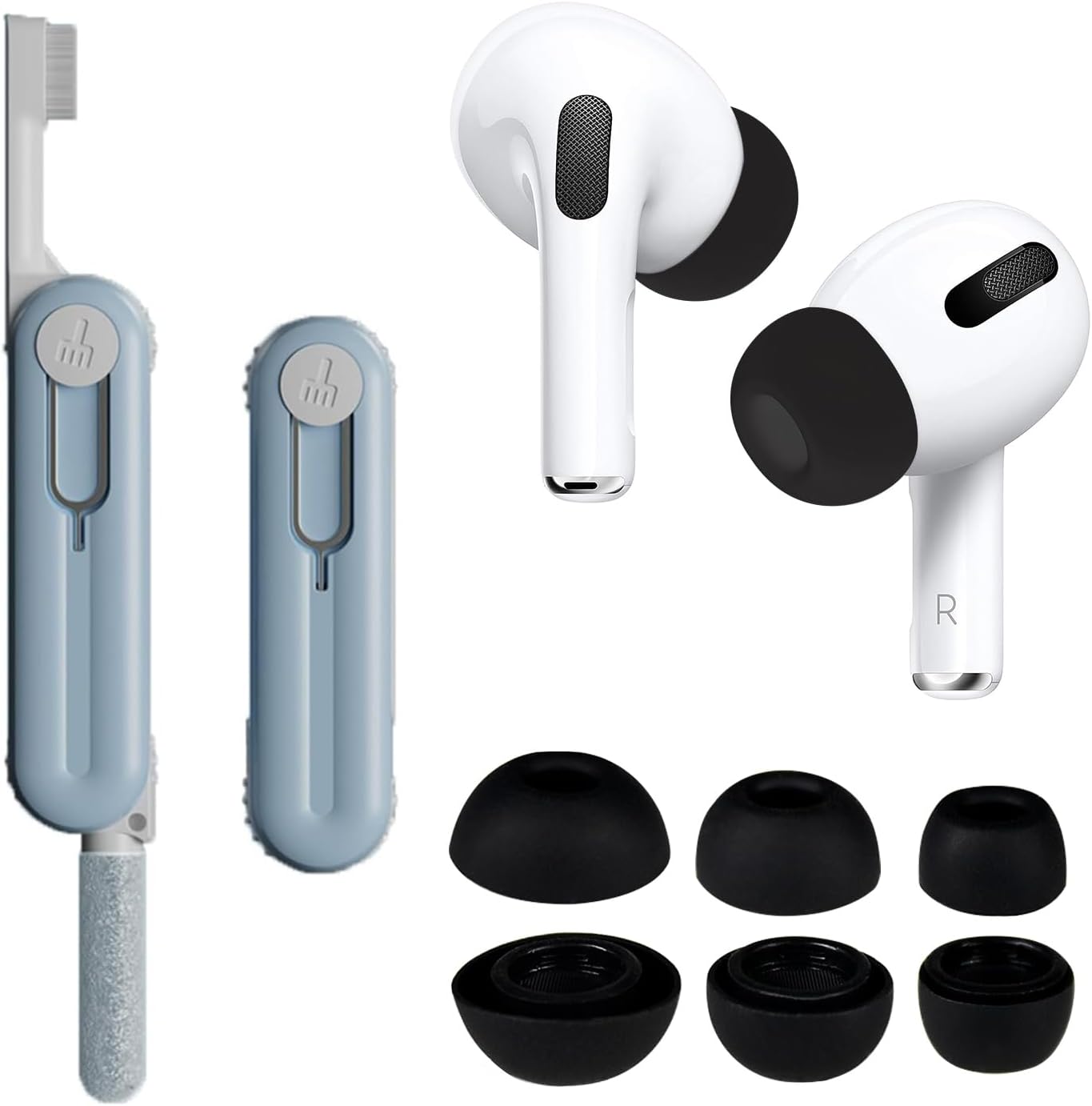 [3 Pairs] Replacement Ear Tips for Airpods Pro with Noise Reduction Hole and Cleaner kit, 5 in 1 Storable Cleaning Pen & Silicone Ear Tips for Airpods Pro,Built-in Dust Mesh,3 Sizes (S/M/L)-Black