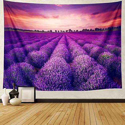 Prabahdak Tapestry Ocean of Flowers Lavender Tapestry Sunset with Flower Sea Wall Tapestry Indian Bohemian Mandala Tapestry Wall Hanging Lavender Manor Wall Hanging Throw