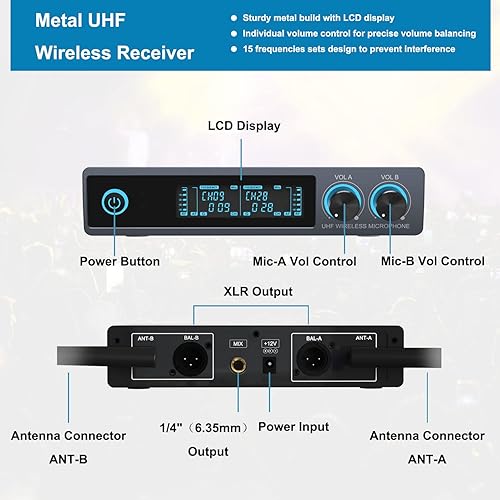 Miniatura 5 de VeGue Micrófono inalámbrico, metal dual profesional UHF inalámbrico micrófono dinámico inalámbrico sistema de micrófono de mano para fiesta de