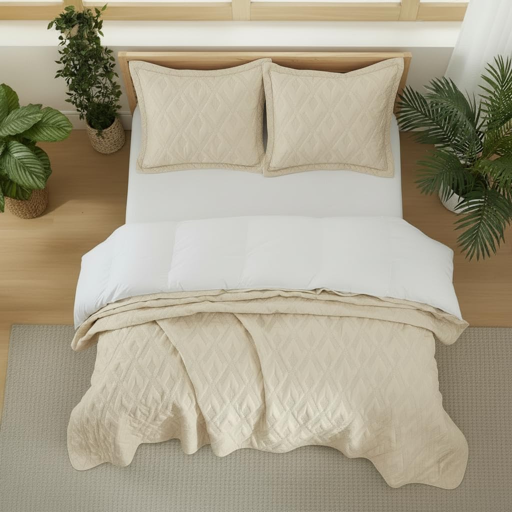 BOV Beige Quilt Queen Size 92x96 – Quilted Lightweight Comforter, Cooling Summer Bedspread, Decorative Bedding Set