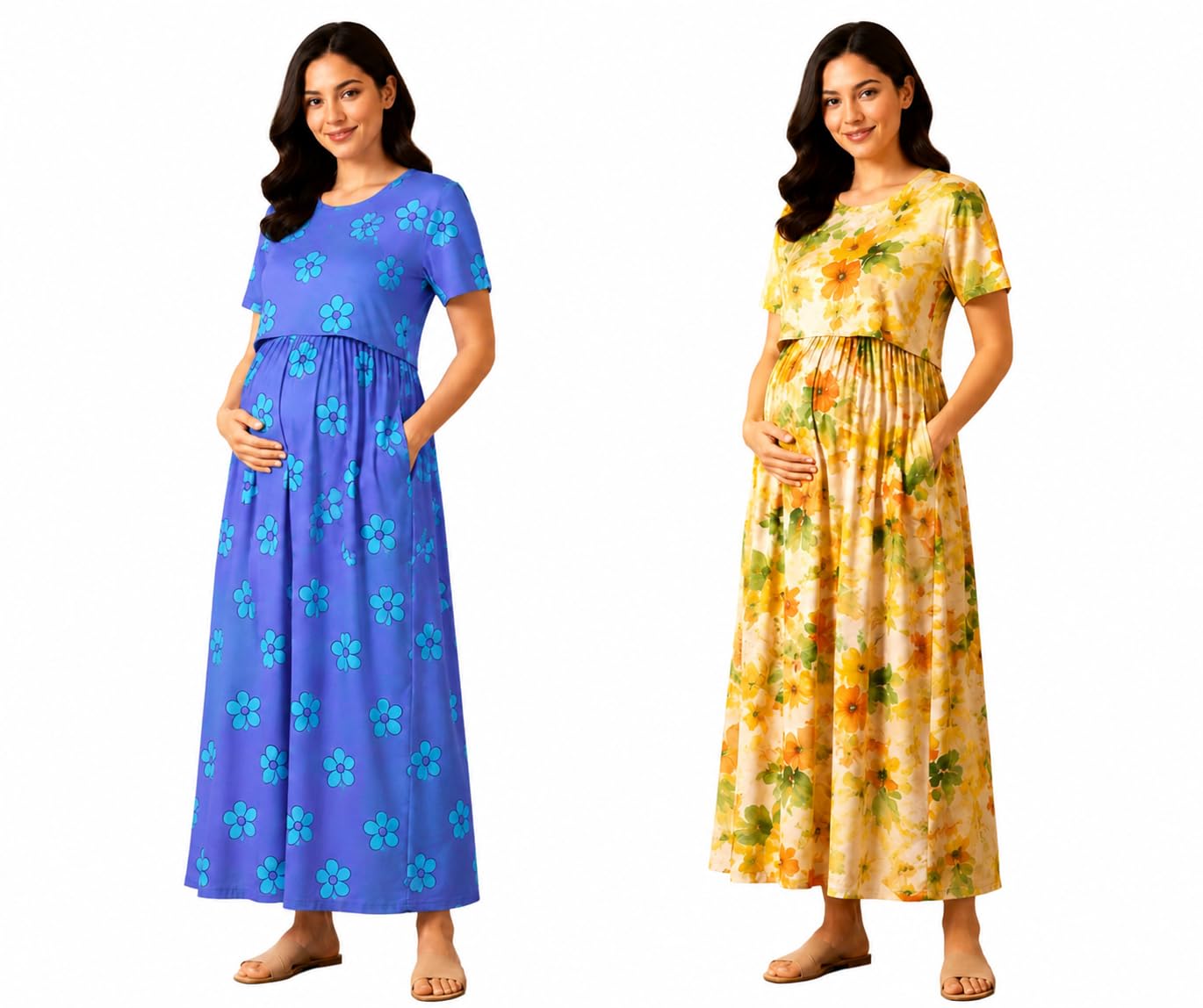 2 PK Maternity Maxi Dress Nursing Maxi Zipless Nursing Ankle Length Dress Maternity Clothing (in, Alpha, M, Regular, Standard, NAVYBLUE Leaf Ankle Length)-image-0