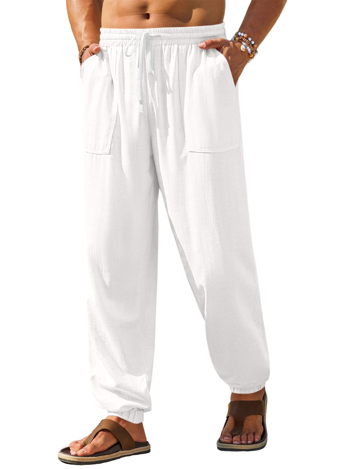 Runcati Mens Casual Pants Elastic Waist Drawstring Summer Cotton Jogger Pants Linen Yoga Beach Trousers with Pockets
