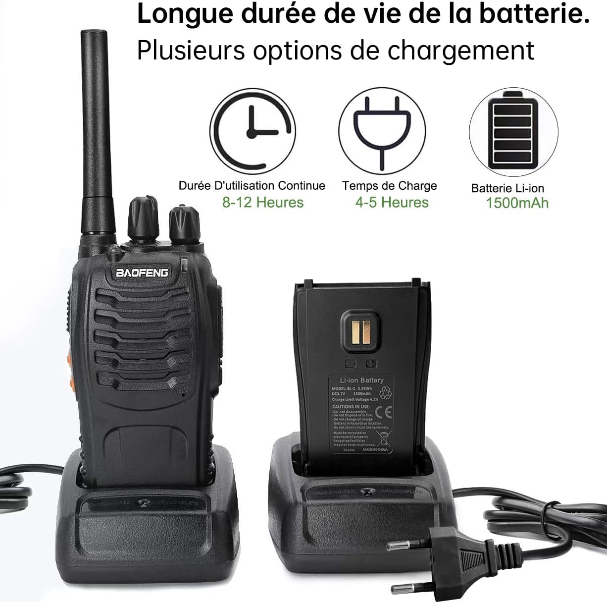 Image showing the Baofeng PMR446 radio placed in its charging base, with an illustration of battery life and charging times (8-12 hours continuous use, 4-5 hours charge time, 1500mAh Li-ion battery).