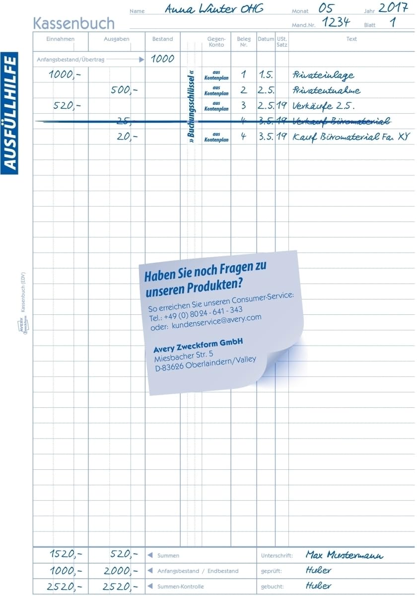 AVERY Zweckform 5 x Formularbuch Kassenabrechnung A4 selbstdurchschreibend VE=2x40 Blatt