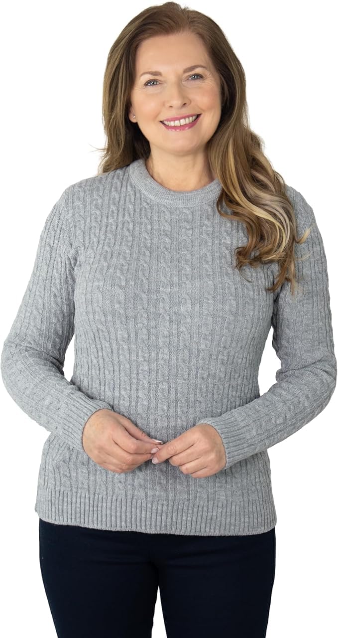 Fashion Friendly Women's Grey ' Round Neck Cable Jumper - Medium