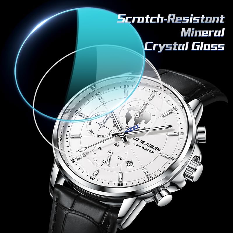 Men's Luxury Chronograph Mechanical Watch 30M Water Waterproof Silver White Dial Black Leather Band Analog Display - Image 6