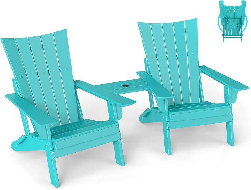 GREENVINES Arch Folding-Adirondack-Chairs Set of 2 & Tray, HDPE, Aqua