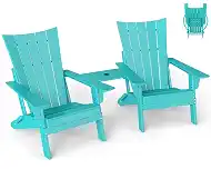 GREENVINES Folding-Adirondack-Chairs-Set-of-2 | HDPE Plastic | Arch Series | Fire Pit Chair | with Connecting Tray | Removable Table | All Weather | for Outdoor Patio Deck Poolside | Aqua