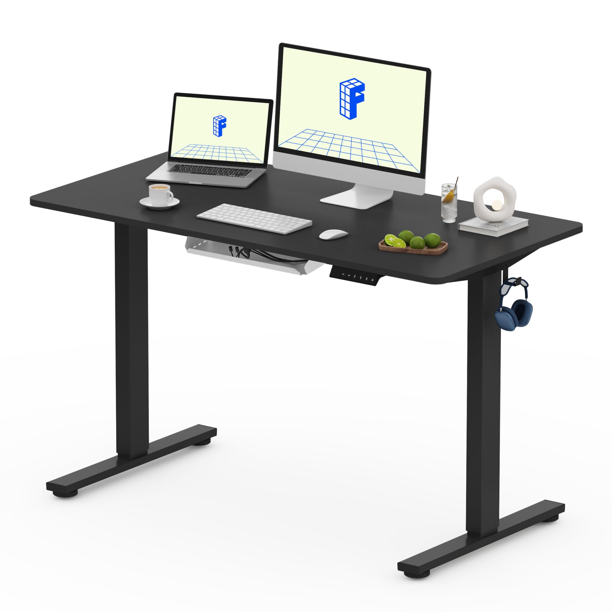 FLEXISPOT QE1 Escritorio Elevable con Tablero Entero 120x60cm Mesa de Elevable Eléctrico, Standing Desk, Escritorio Regulable en Altura con 2 Ganchos/Estante y 4 Funciones de Memoria (Negro)