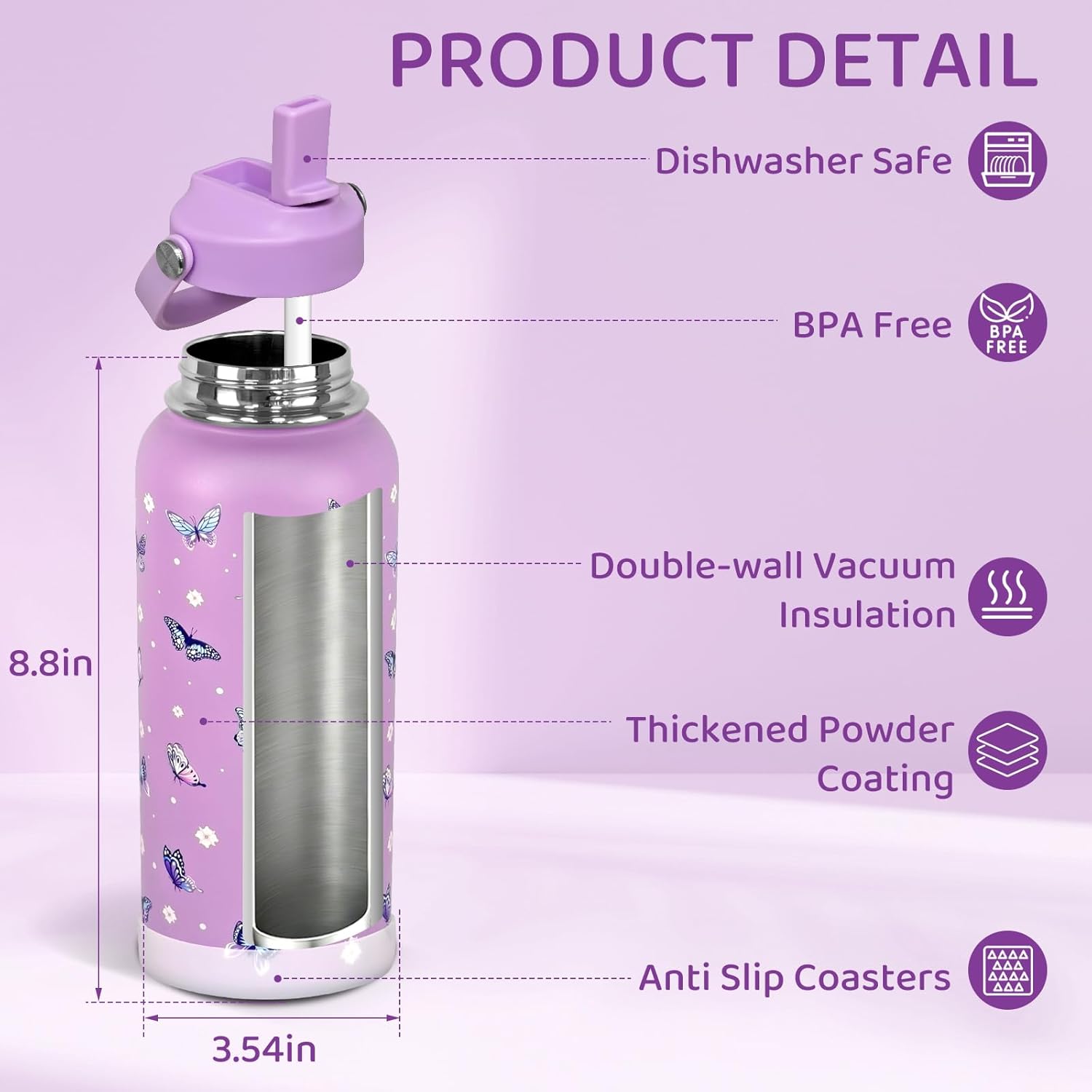 Butterfly 32 oz Insulated Water Bottle with Lid,Butterfly Stainless Steel Water Bottl with Flip Straw and Handle,Gifts for Women Girls Birthday Christmas,Leak Proof Metal Water Bottle - Image 2