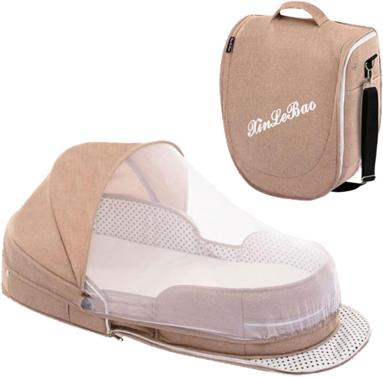 Baby Travel Cot with Mosquito Net and Awning, Foldable Baby Tent, Washable Crib Bionic Travel Bed Breathable Cradle Cot, Portable Baby Cot, Foldable Baby Cot with Mosquito Net (Brown)