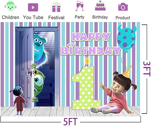 Miniatura 2 de Telón de fondo azul para fiesta de primer cumpleaños, suministros de fiesta de 5 x 3 pies Monster Inc Boo Theme Baby Shower Banner para fiesta de