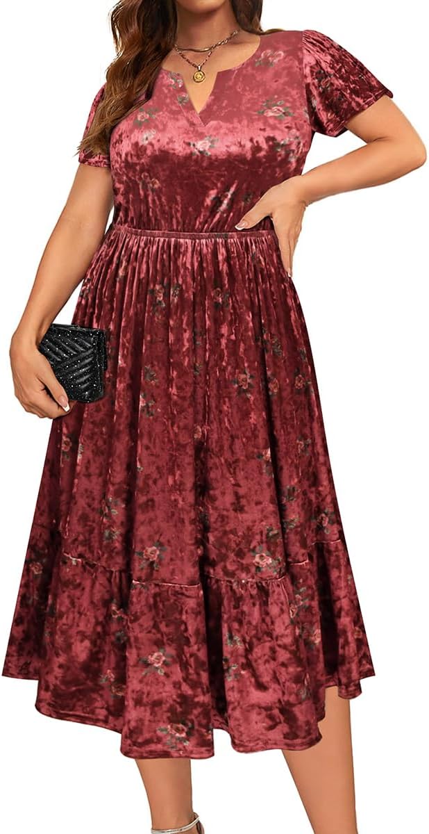 CARCOS Plus Size Velvet Dresses for Curvy Women Short Sleeve Cocktail Dresses Winter Party Formal Dress with Pocket XL-5XL