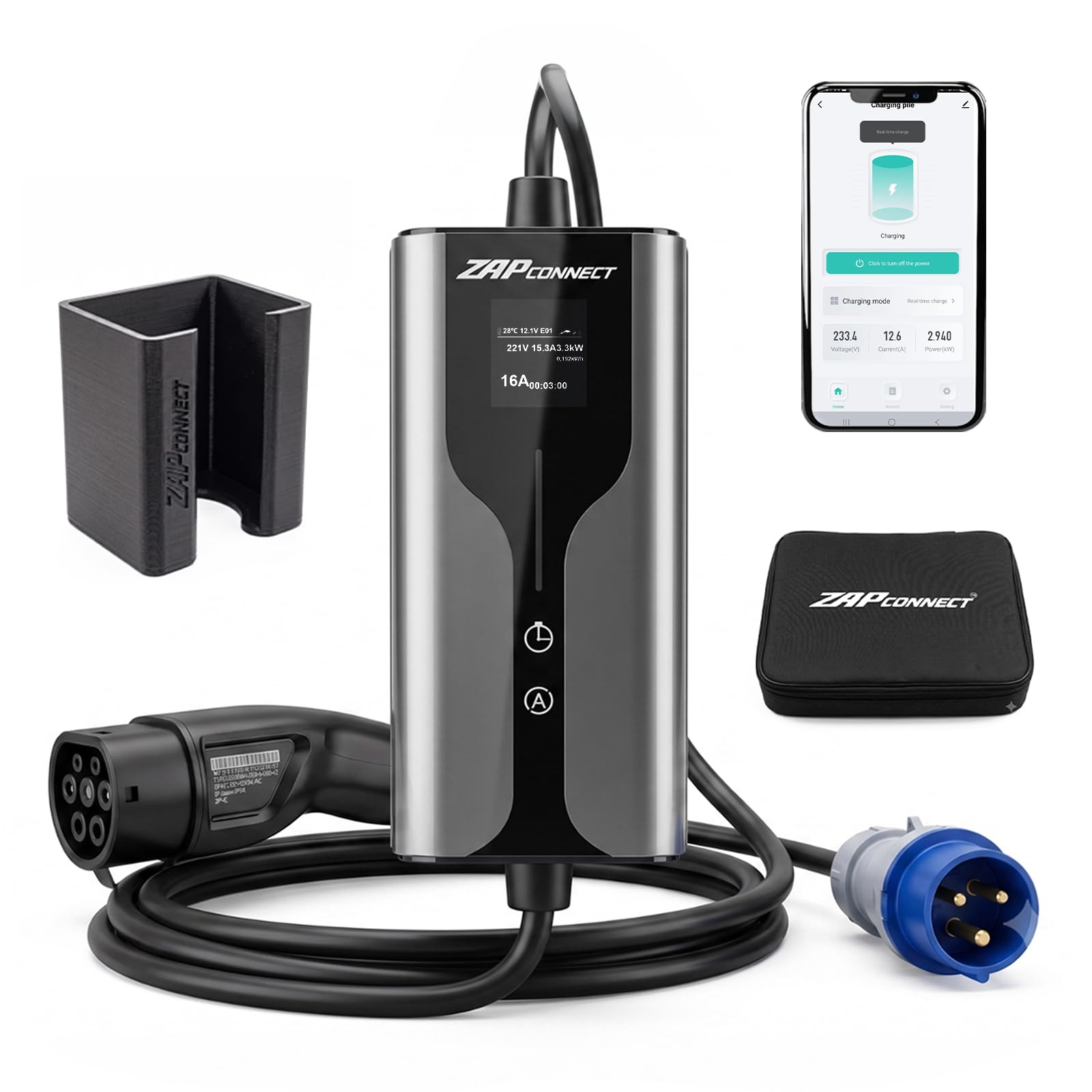 7.5kw portable ev charger 32a | smart app control | 1 phase | ip67 waterproof | 5m tpu cable | charger only