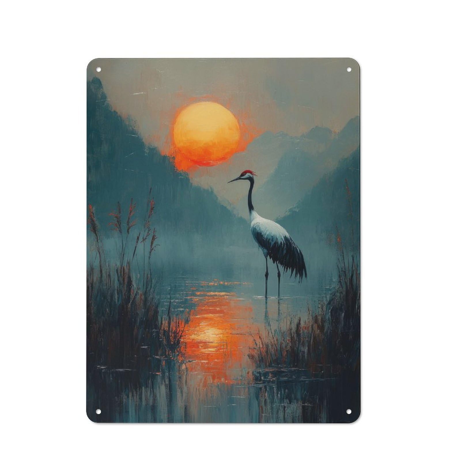 Junmoney Crane Sunset Landscape Metal Sign 40X30cm With For Workshop Wall, Vintage Decor, A Decorative Christmas Gift For Metal Sign Collectors
