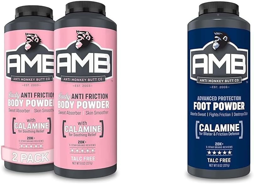 Anti Monkey Butt, Lady's Body Powder with Calamine, Prevents Chafing and Absorbs Sweat, Talc Free, 8 oz (2 Pack) & Foot Powder, Odor Eliminator and Itch Relief with Calamine, 8 oz