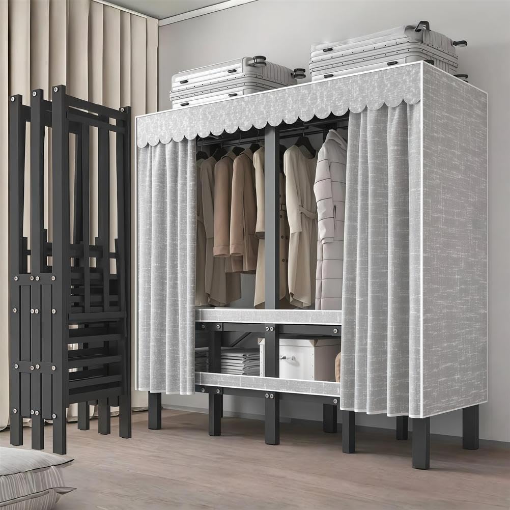This Portable Closet Wardrobe - Collapsible Garment Rack with Shelves and Dust Cover - Multifunctional Storage Organizer for Hanging Clothes