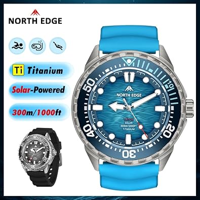 NORTH EDGE Solar Powered Dive Watch Mens Watch, 1000FT/300M Water Resistance, Luminous Dial, Silicone Strap 45.8MM