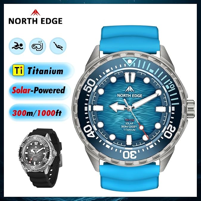 NORTH EDGE Solar Powered Dive Watch Mens Watch, 1000FT/300M Water Resistance, Luminous Dial, Silicone Strap 45.8MM