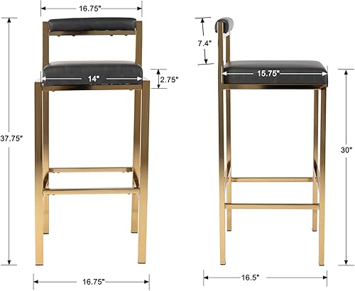 Miniatura 2 de Juego de 2 taburetes de bar de color oro gris de 30 pulgadas, taburetes de bar de cuero sintético, taburetes de bar de metal con respaldo para isla