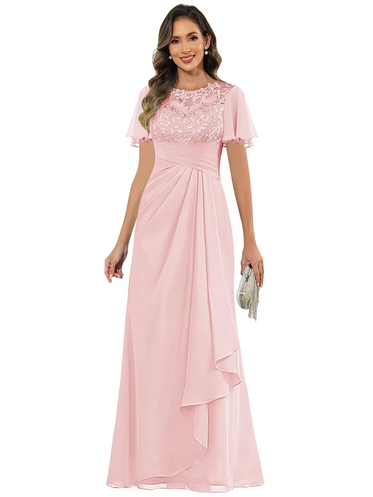 Long Lace Appliques Mother of The Bride Dresses for Women Short Sleeves Chiffon Ruffles Wedding Guest Dress