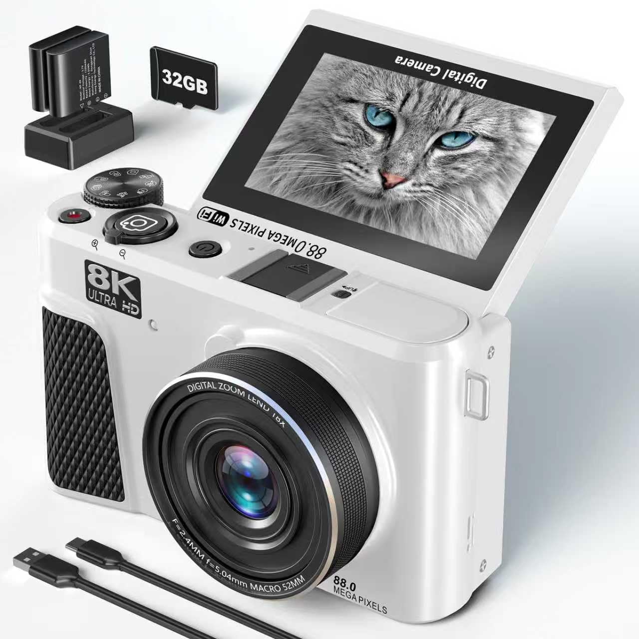 8K Digital Camera for Photography,88MP Vlogging Camera for YouTube with 3'180°Flip Screen,18X Digital Zoom and Auto Focus with 32G Mirco SD Card and 2 Batteries (White)