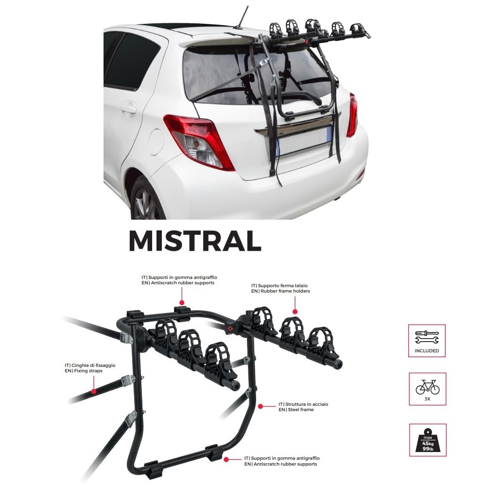 COMPATIBILE CON KIA STONIC dal 17 in poi PORTABICI POSTERIORE PER AUTO ADATTO PER 3 BICI PORTA BICICLETTE MISTRAL CON 3 SCOMPARTI CON REGOLAZIONI CARICO MAX 45KG