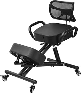 Ergonomic Kneeling Chair with Back Support, Height Adjustable Stool for Home and Office, PU Kneeling Chair for Desk to Relieve Back Discomfort, Thick Moulded Foam Cushions Brake Casters